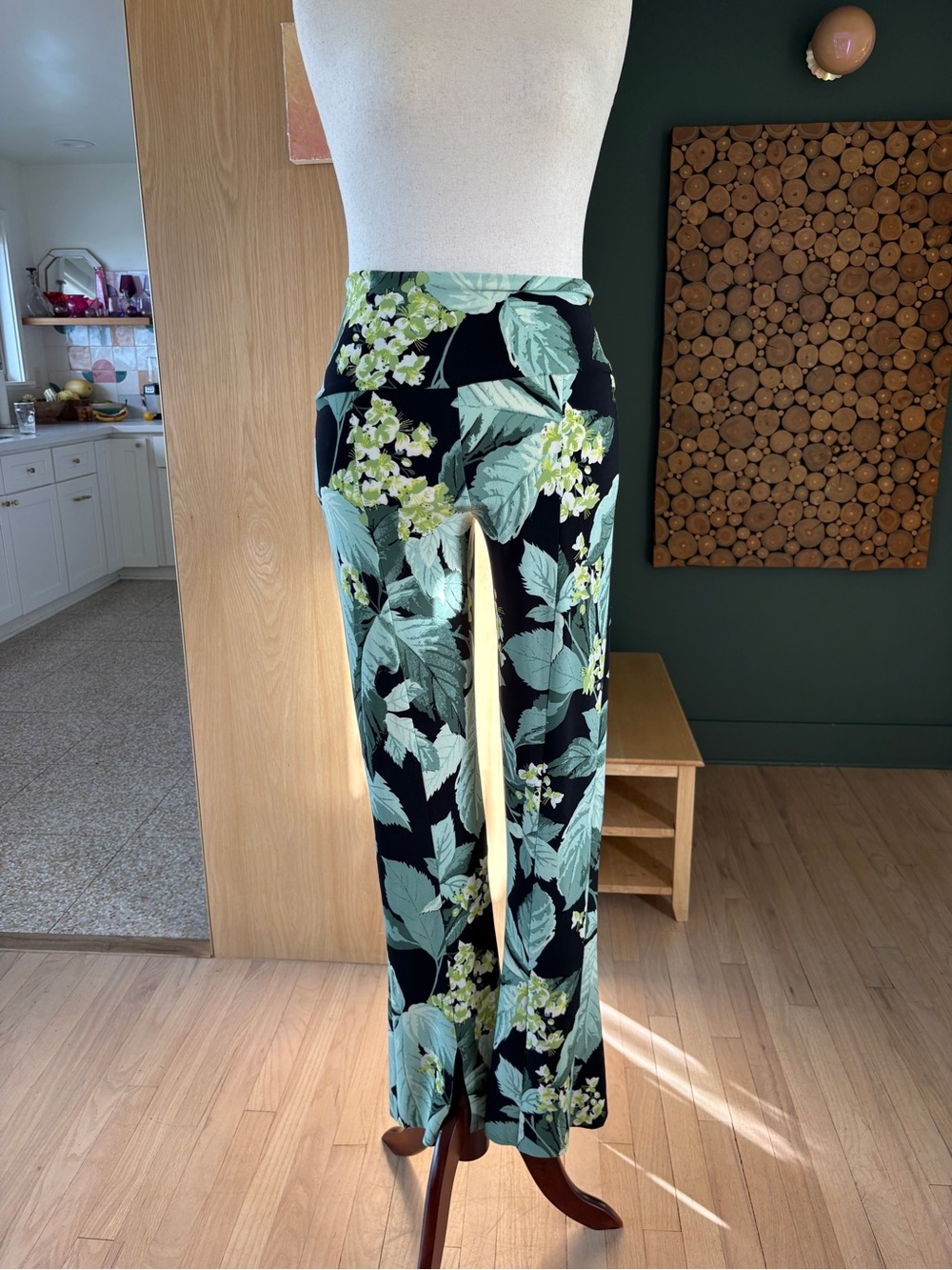 Norma Kamali Black Wide-Leg Pants with Mint & Yellow Leaf Print